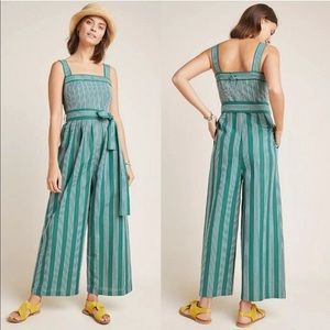 Anthropologie Payal Pratap Cha Cha Striped Green Cotton Linen Jumpsuit size 8